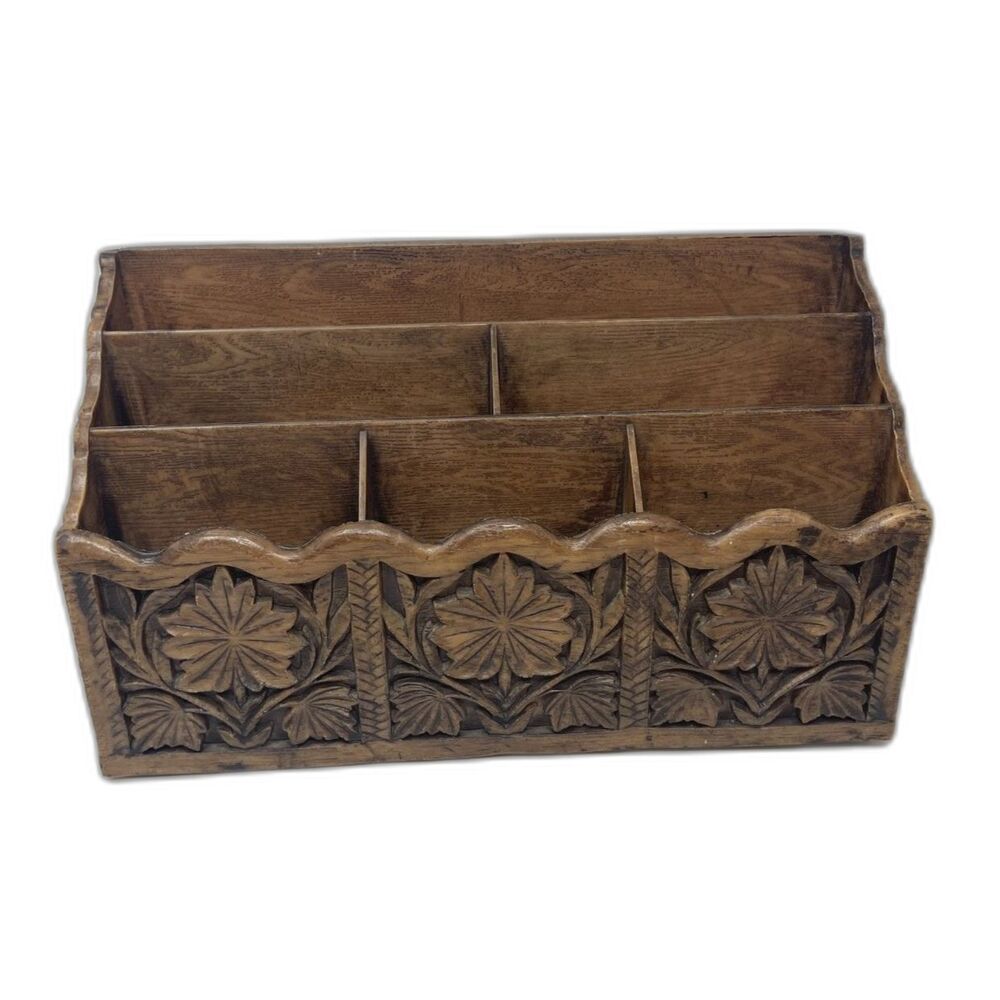 American Vintage Carved Wood Desk Organizer - Brown